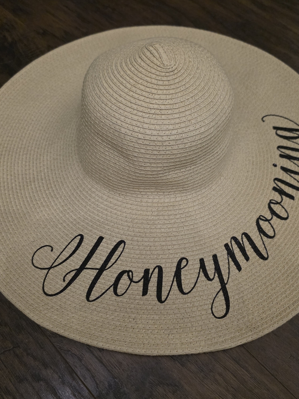 Wide-Brim Straw Sun Hat with 'Honeymoon' Script